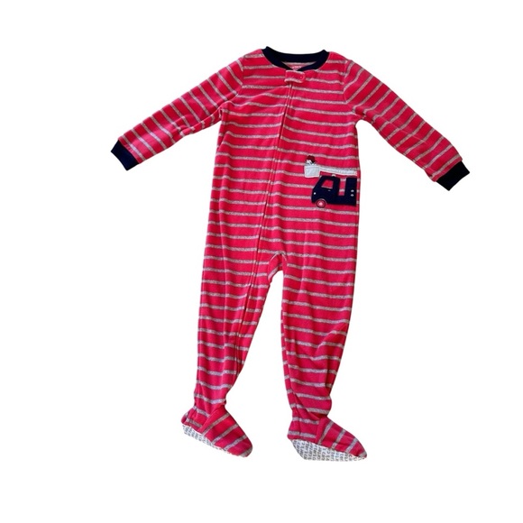 Carter’s Fleece Footed Pajama Zippy Striped Fire Truck Puppy Toddler Boy 3T - Picture 1 of 5
